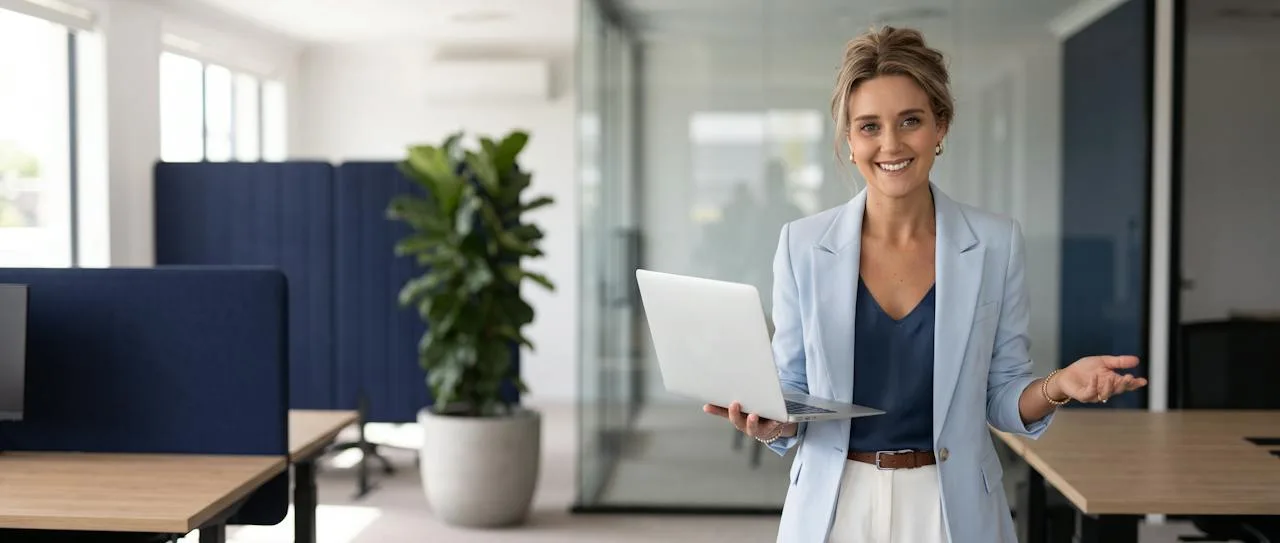 Logic Edge team member smiling while holding a laptop