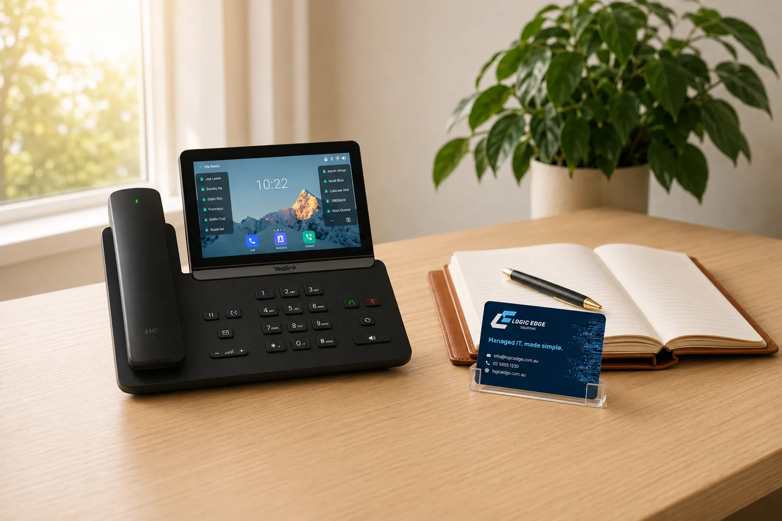 Desk phone beside a Logic Edge business card