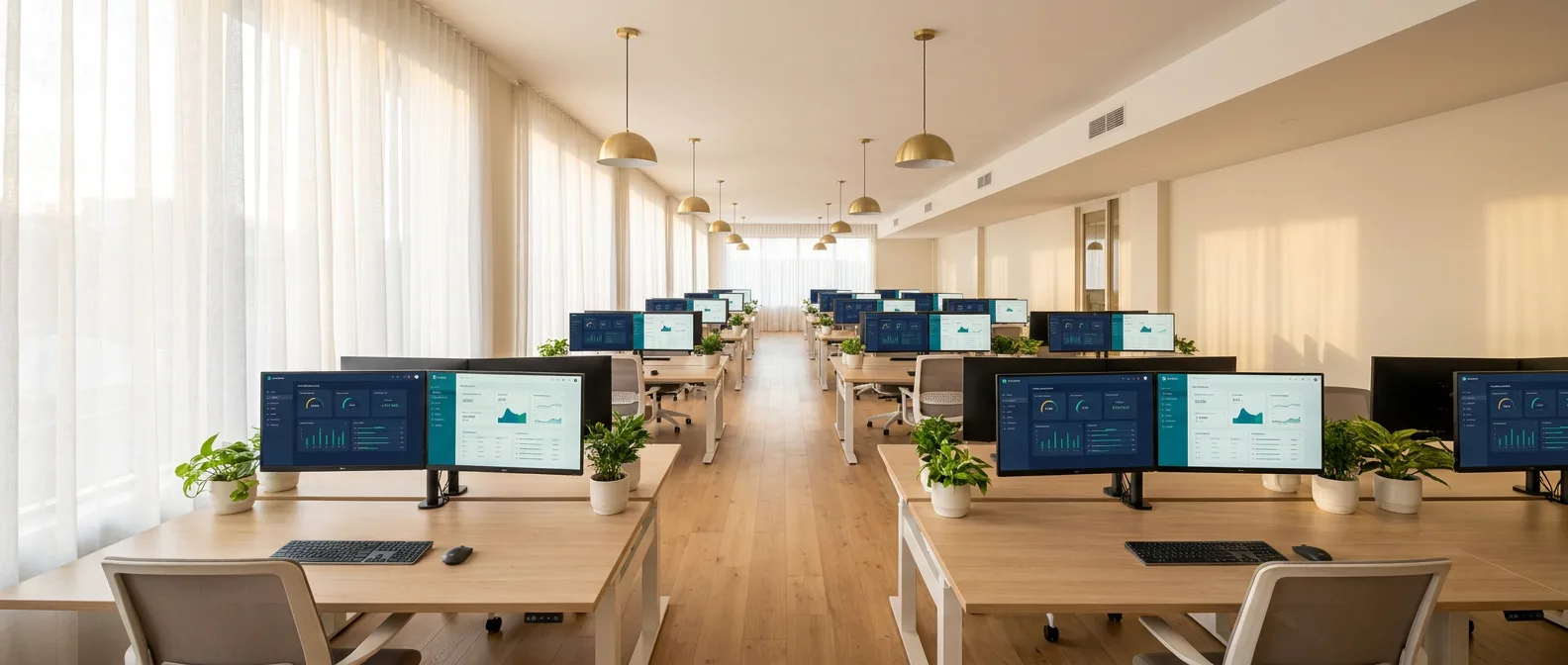 Rows of office desks with dual monitors showing dashboards