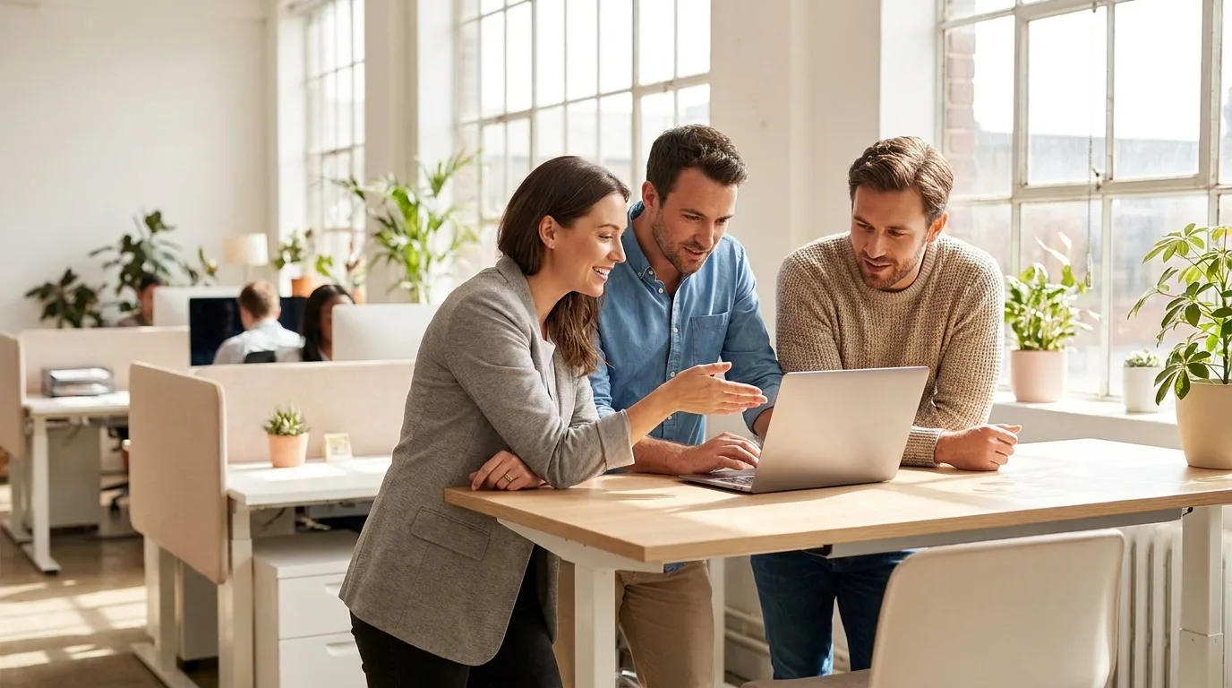 Three colleagues reviewing work on a laptop