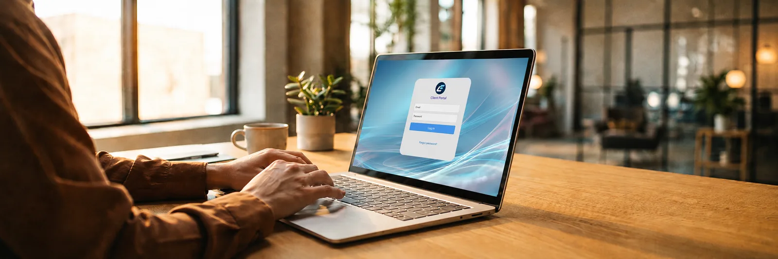 Laptop showing a Logic Edge client portal login screen