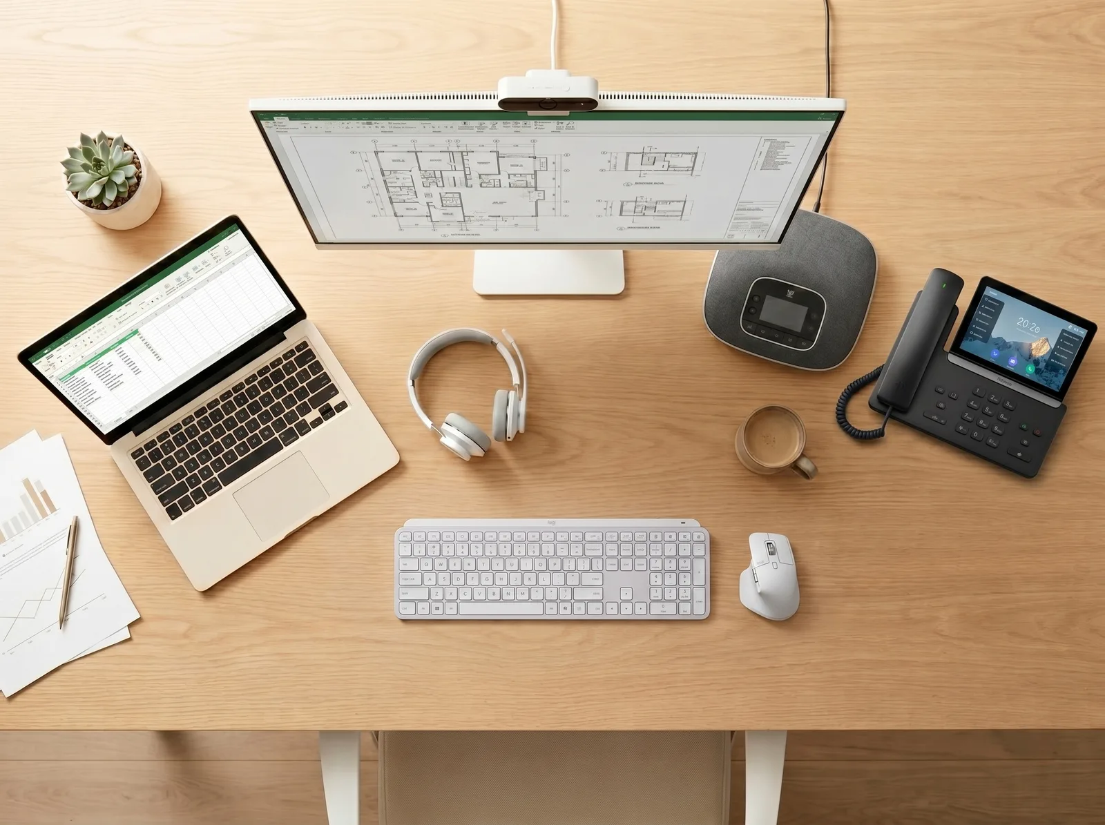 Overhead view of a desk with monitor, laptop, headset, phone and keyboard