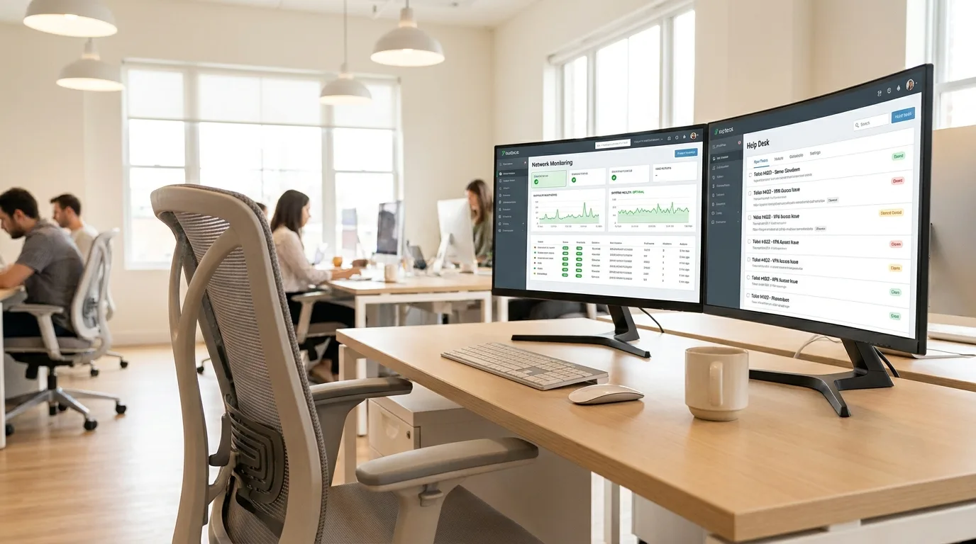 Monitors showing network monitoring and a help desk queue