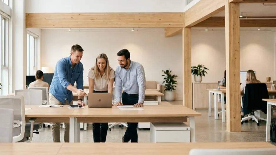 Team collaborating across office and remote locations