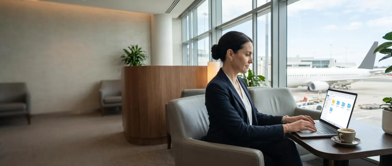 Business traveller working on a laptop at an airport