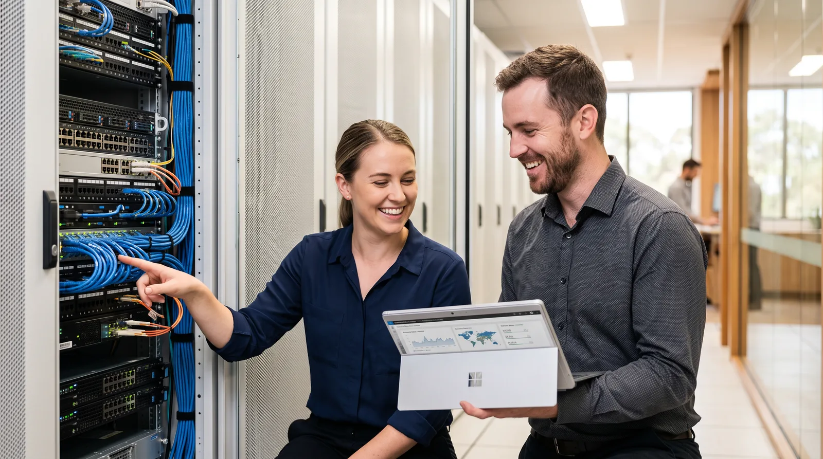 Two IT professionals checking network cabling in a server room