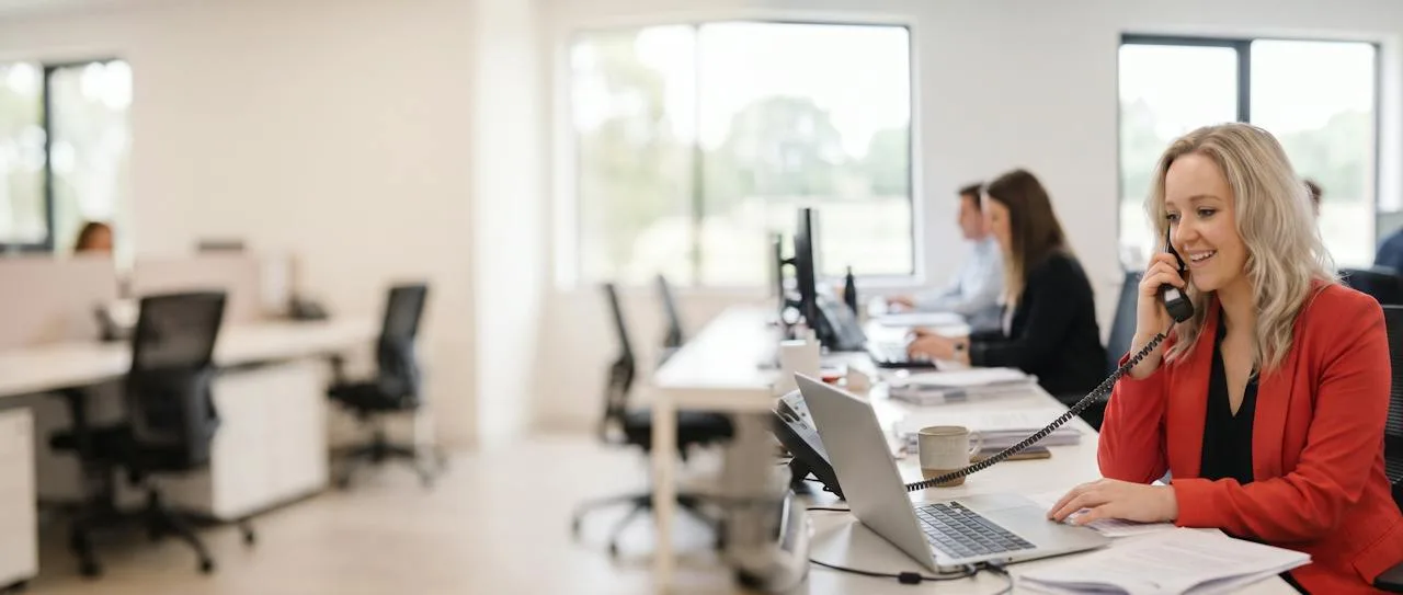Staff member on a business phone call at their desk