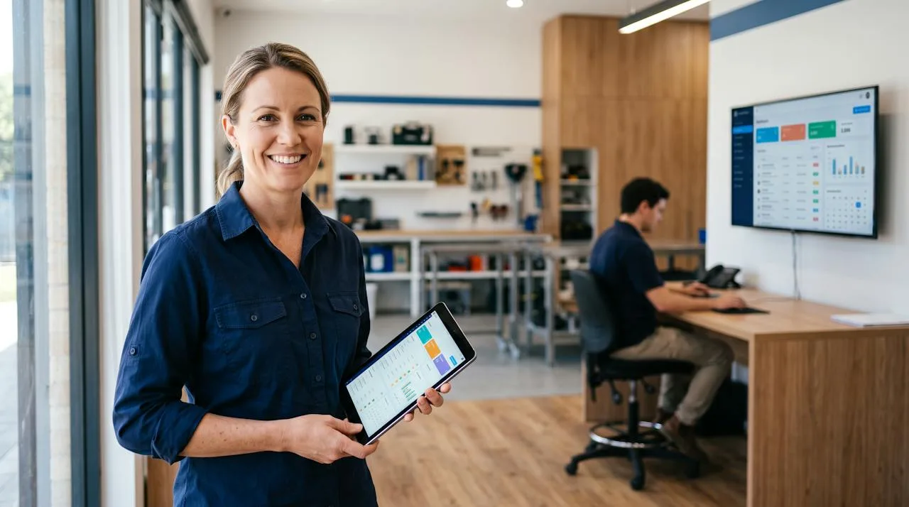 Business owner holding a tablet with a custom job-management app while a staff member sees the same jobs on a wall screen