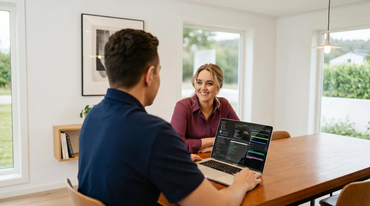 Colleagues working together around a laptop in a bright office